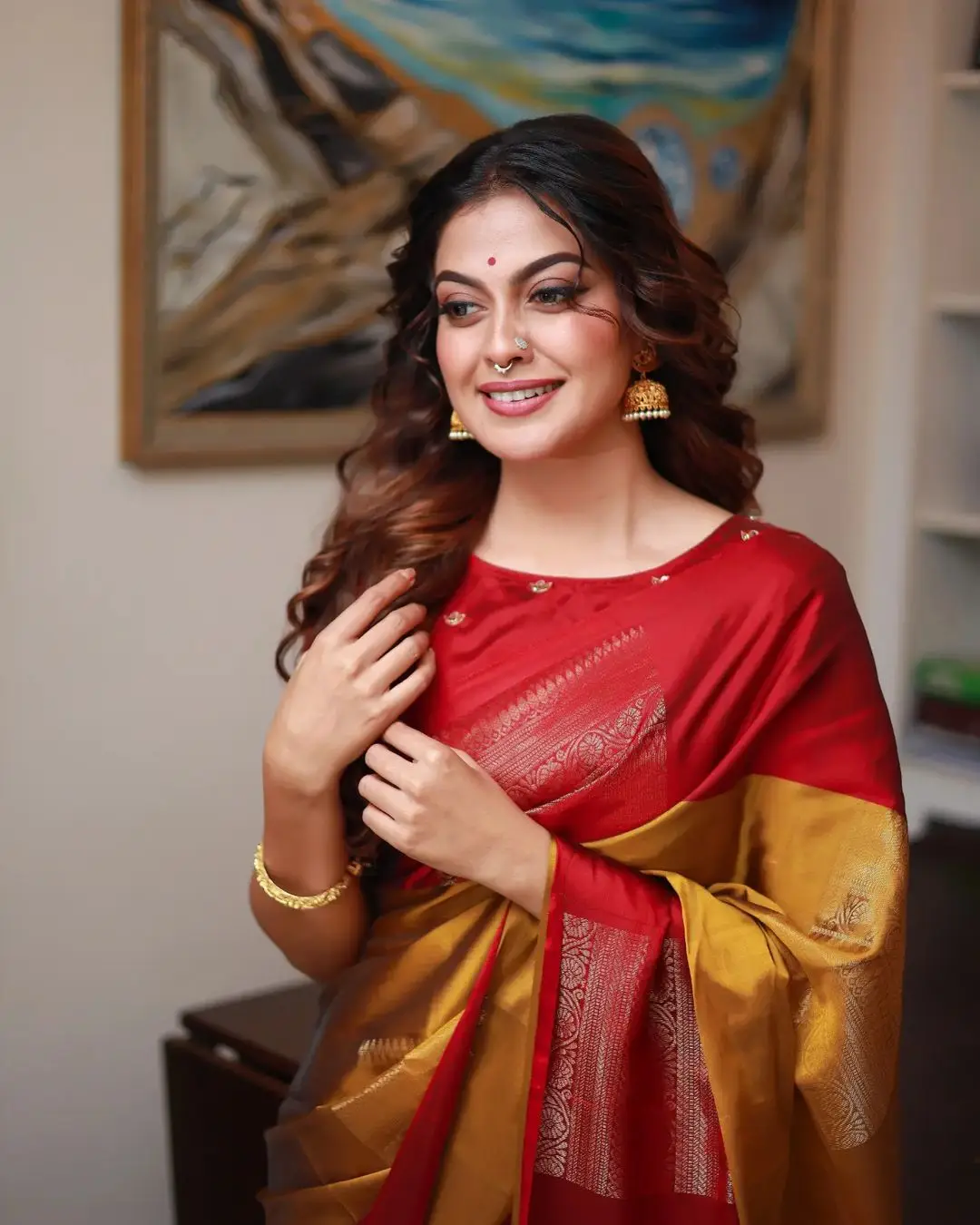 Indian Actress Anusree Nair in Red Color Saree Blouse